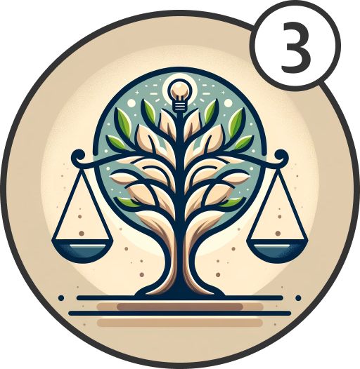 Illustration of a tree with a light at the top and the branches extending out into scales. This image represents a balanced way of thinking.